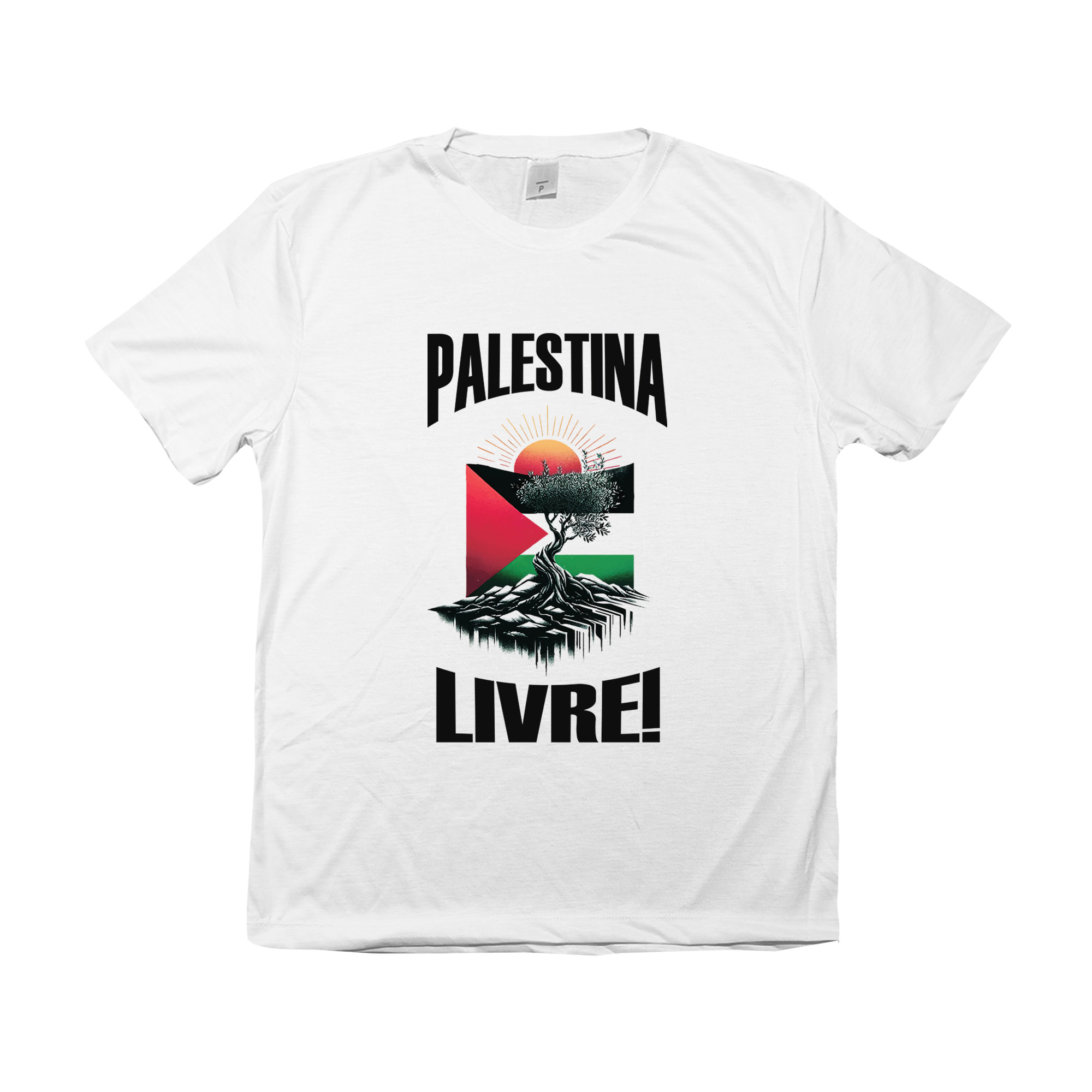 camiseta Palestina Livre com estampa da bandeira palestina e árvore sob o sol nascente.