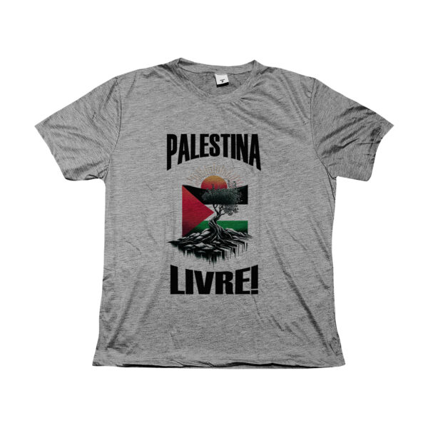camiseta Palestina Livre com estampa da bandeira palestina e árvore sob o sol nascente.