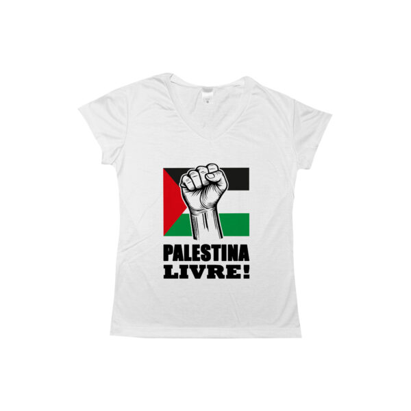 camiseta Palestina Livre – Liberdade para o Povo com estampa da bandeira e punho erguido.