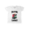 camiseta Palestina Livre com estampa da bandeira palestina e árvore sob o sol nascente.