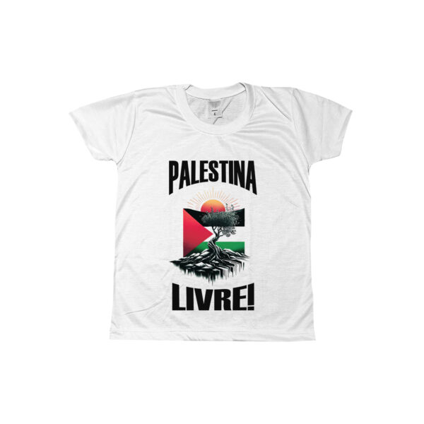 camiseta Palestina Livre com estampa da bandeira palestina e árvore sob o sol nascente.