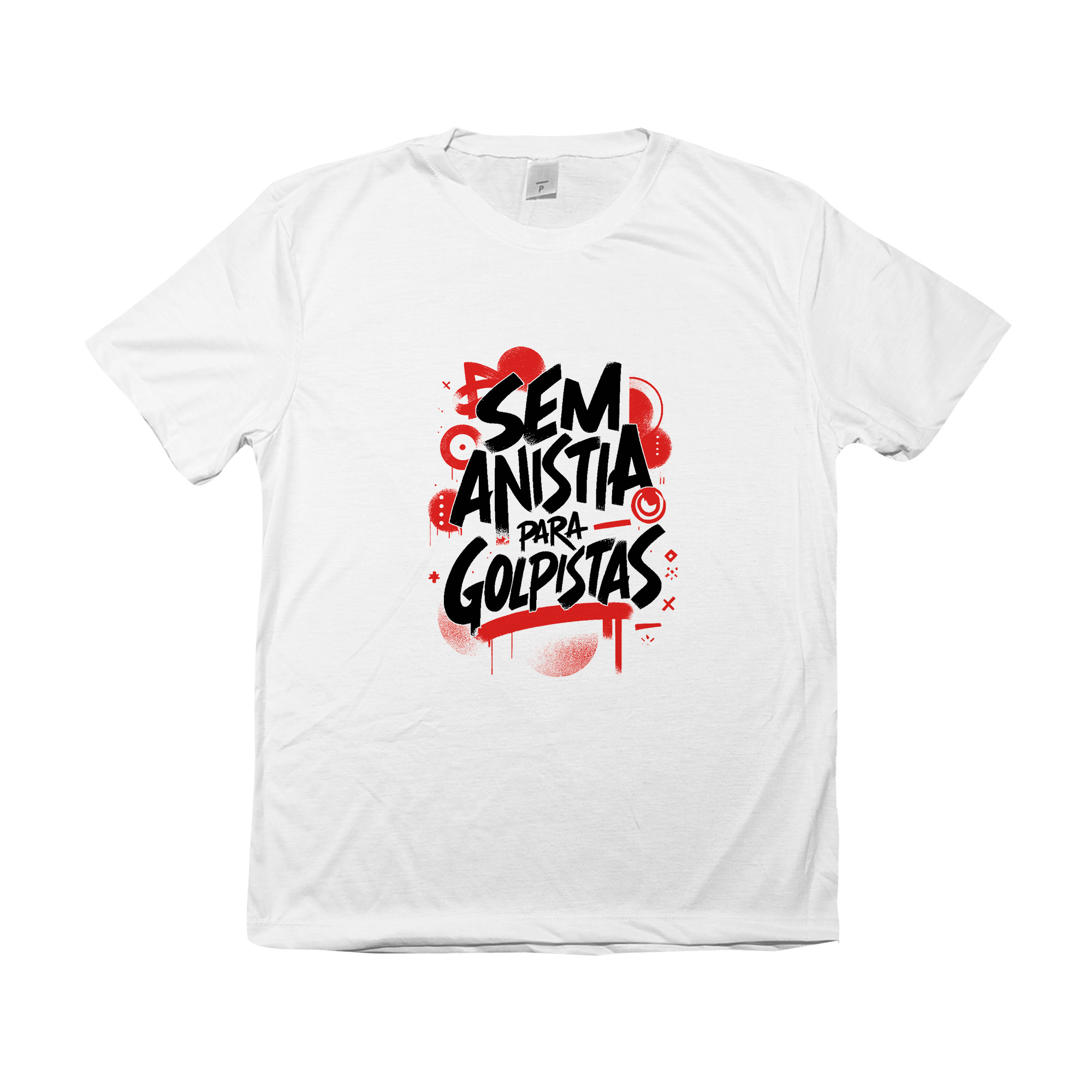 Camiseta Sem Anistia para Golpistas – estampa com tipografia de protesto em preto e vermelho.