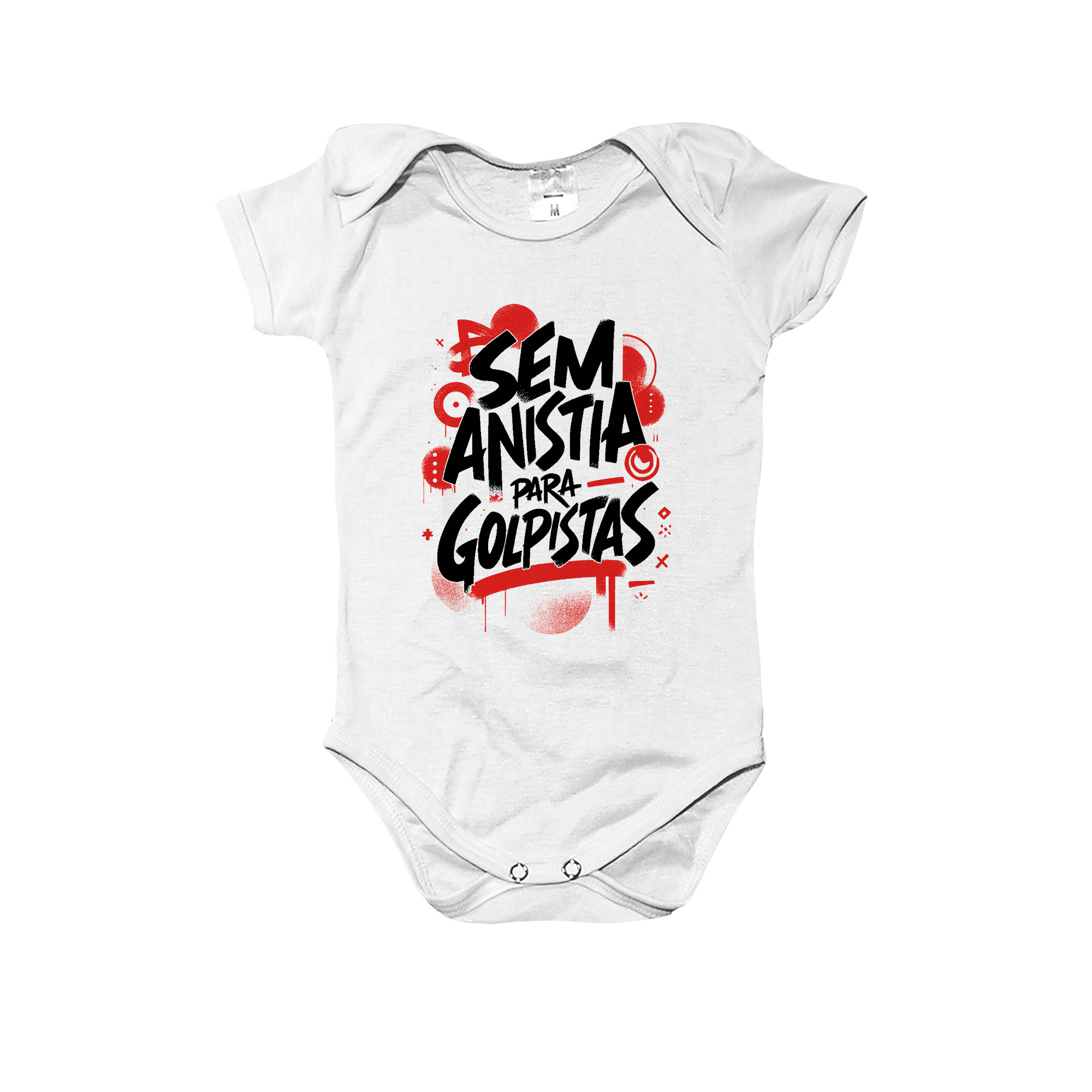 Body infantil Sem Anistia para Golpistas – estampa em tipografia de protesto com arte em preto e vermelho.