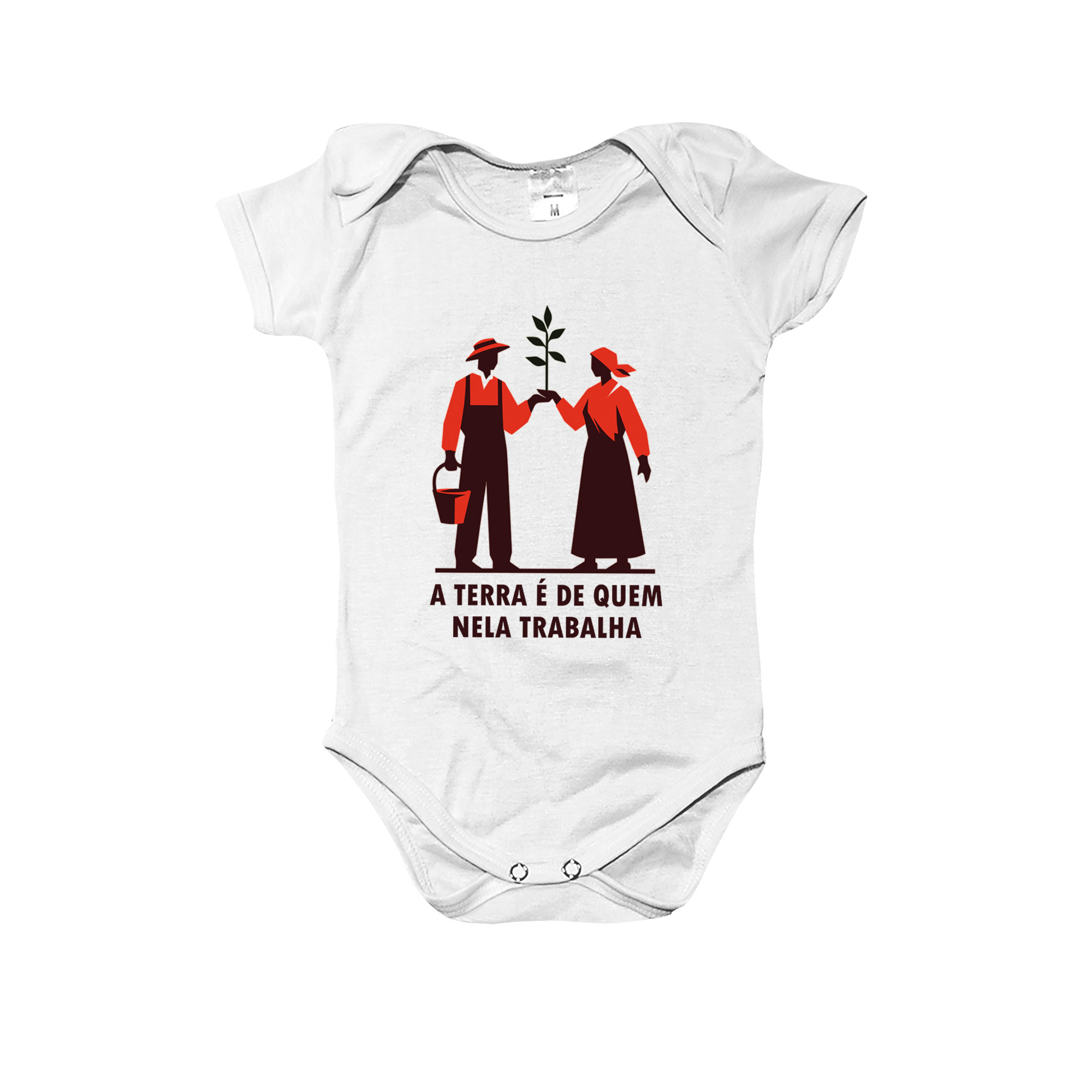 Body infantil A Terra é de Quem Nela Trabalha – estampa de trabalhadores rurais com muda de planta, símbolo de luta e esperança.