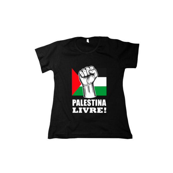 camiseta de algodão Palestina Livre com bandeira palestina e punho erguido, símbolo de resistência e liberdade.