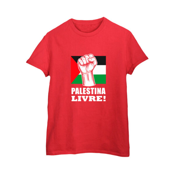 camiseta de algodão Palestina Livre com bandeira palestina e punho erguido, símbolo de resistência e liberdade.