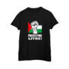 camiseta de algodão Palestina Livre com bandeira palestina e punho erguido, símbolo de resistência e liberdade.