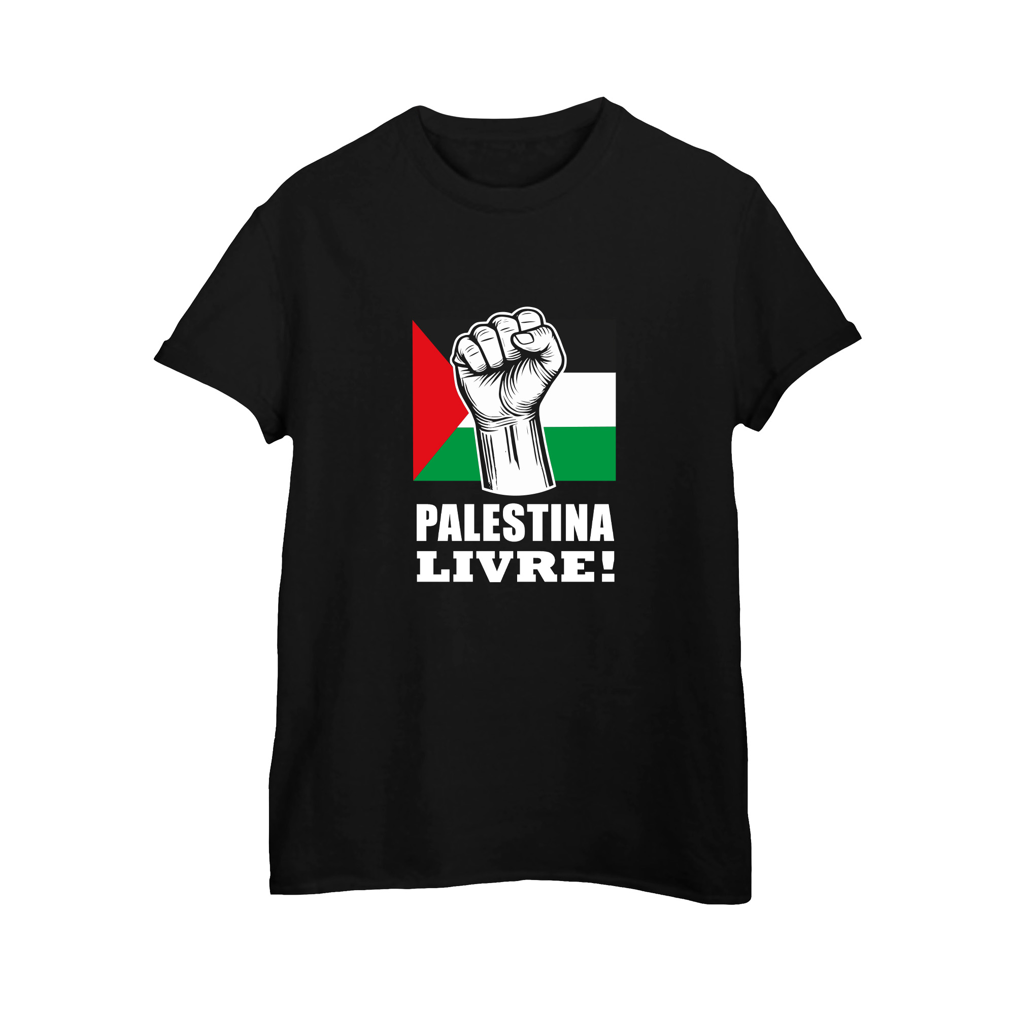camiseta de algodão Palestina Livre com bandeira palestina e punho erguido, símbolo de resistência e liberdade.